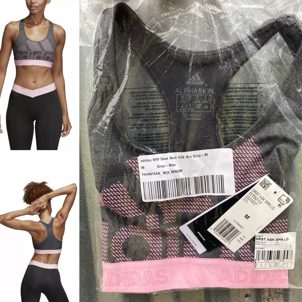 NWT Pink and Grey Sports Bra Non-Padded Adidas Don’t Rest Alphaskin - Picture 11 of 11